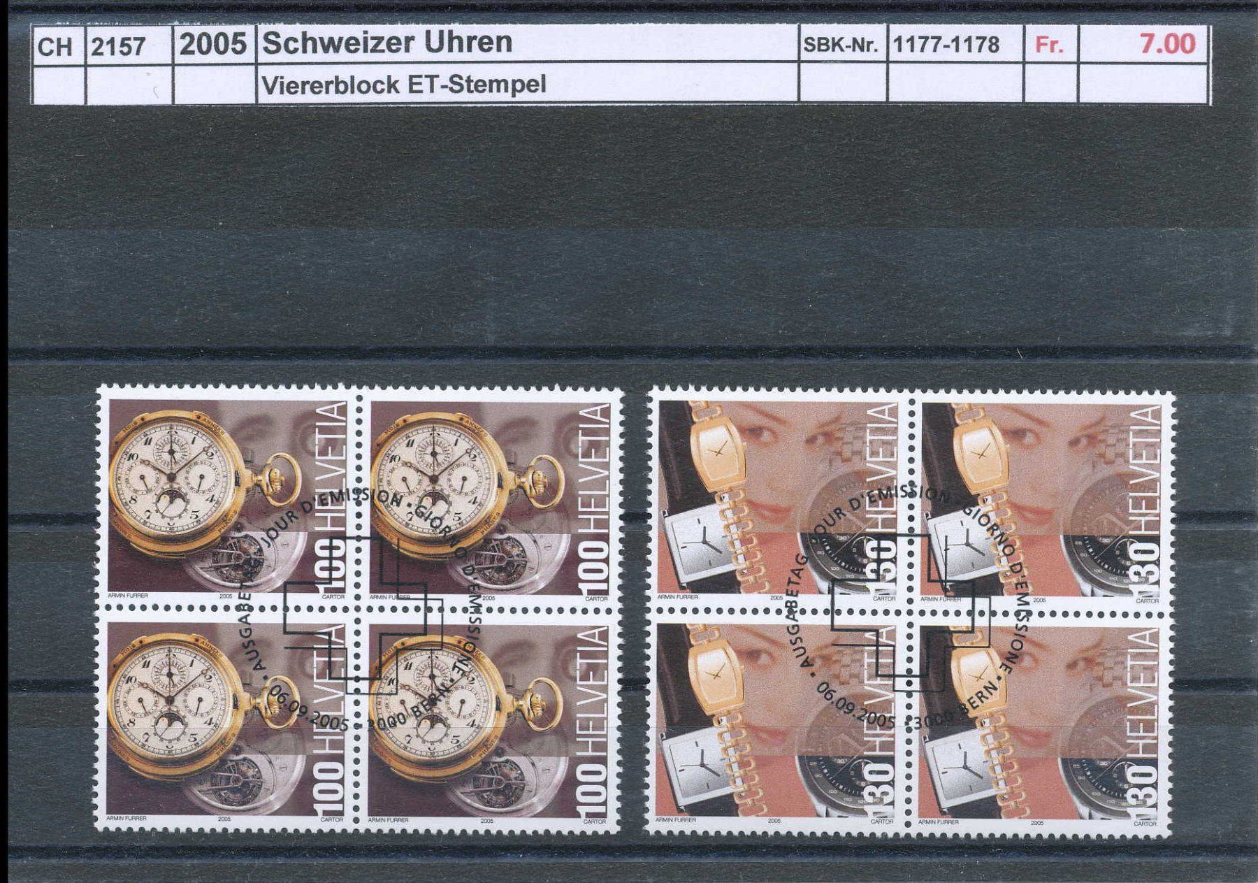 Tutti i francobolli: 2005 "Schweizer Uhren", Viererblock, ET-Stempel – Usato da Winterthur venduto da Zupogeru