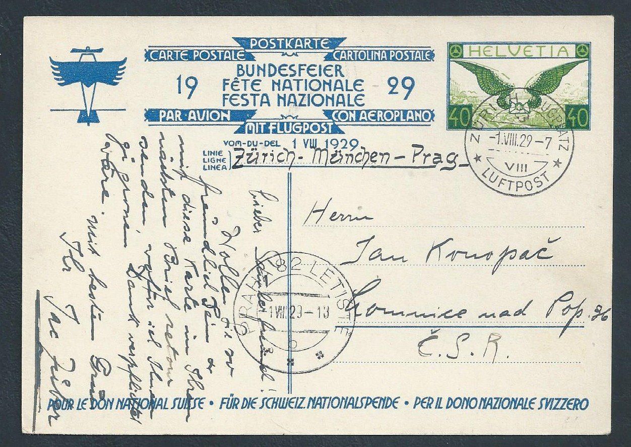 Tutti i francobolli: Flugpost  Schweiz 1929 Zürich Prag Luftpost – Usato da Au ZH venduto da xelagreb01
