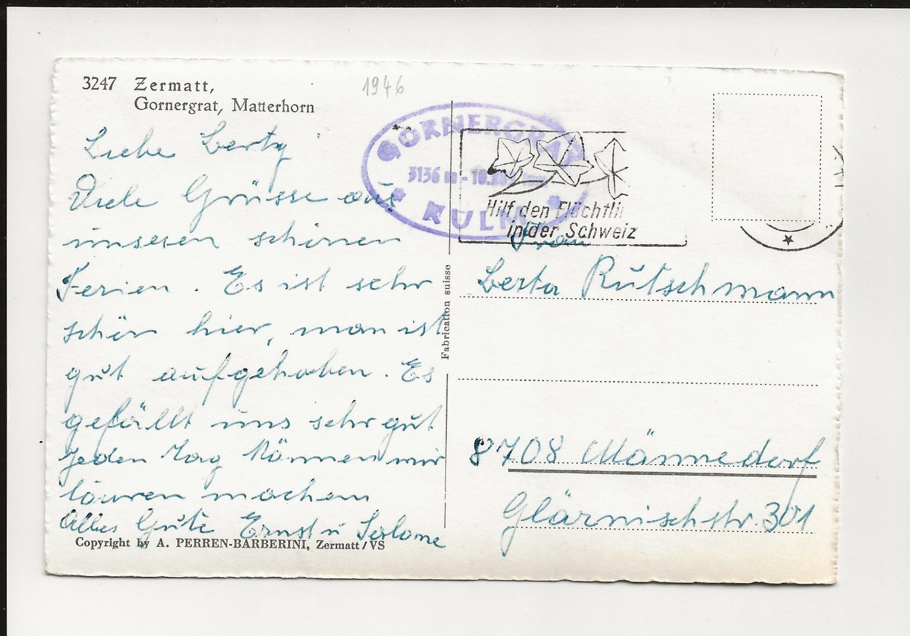 Cartoline postali: AK 1946 Zermatt Gornergrat Matterhorn – Usato da Greifensee venduto da 315WDO 1