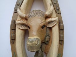 KUH HOLZKUH MIT GLOCKE HOLZ GESCHNITZT HANDARBEIT