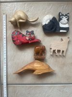 Statuettes d'animaux en bois, chats, éléphant, dauphin