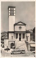 Lausanne (VD) Kirche Notre Dame mit Trolleybus Oldtimer Bus