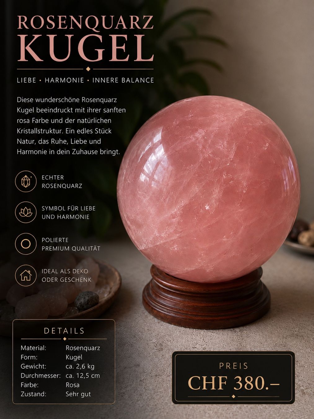Minerali & Pietre curative: Rosenquarz Kugel, 2.6 kg – Usato da Basel venduto da Richard467