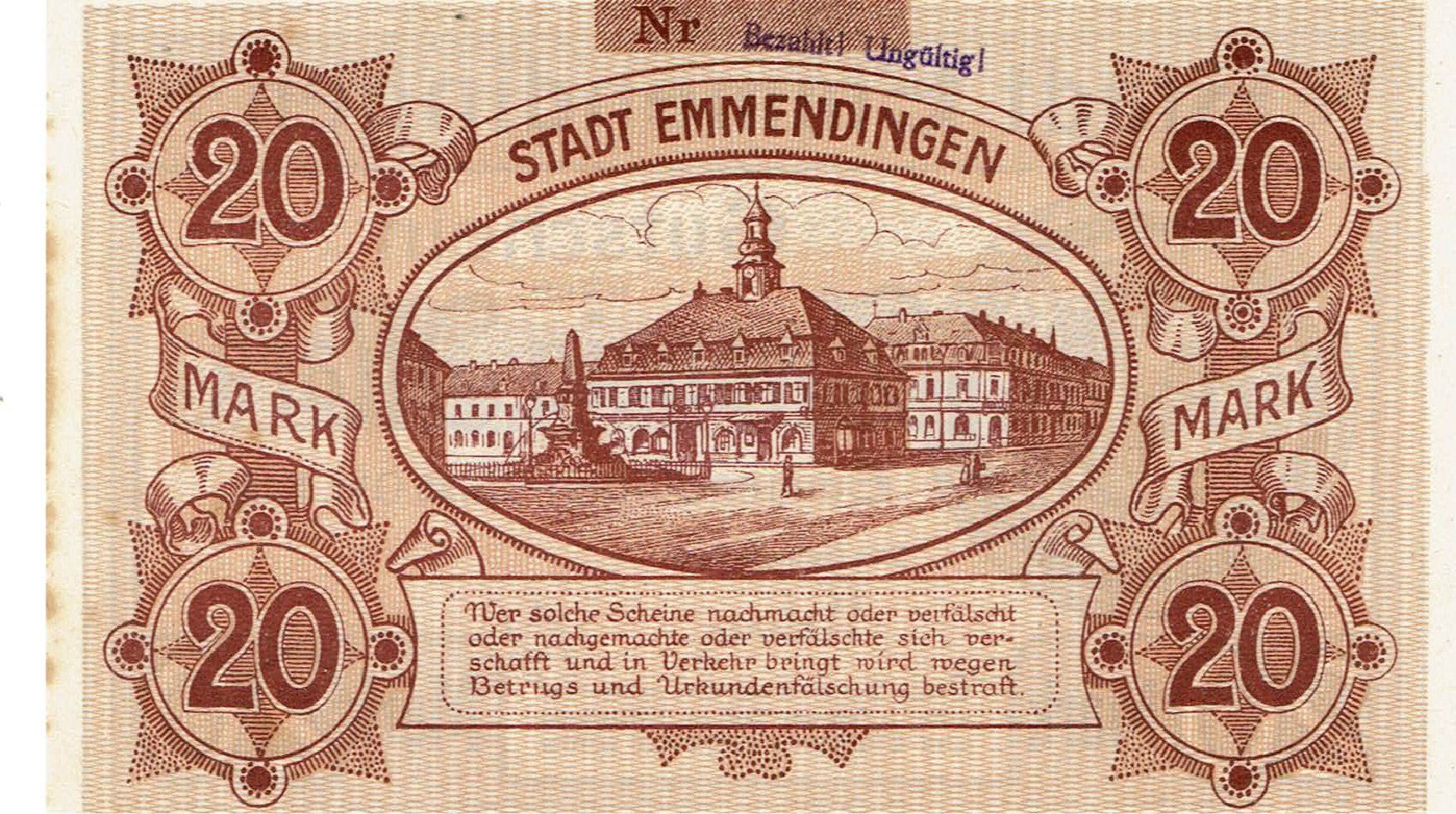 Banconote: Emmendingen 20 Mark 30.10.1918 VZ+-VZ++ – Usato da Steffisburg venduto da ber_8htf 1