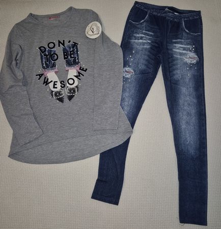Ensemble pull gris et legging bleu avec perles neuf