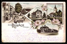 Lithographie Reinach /Aargau, Bärenplatz, Kirche und Bahnhof