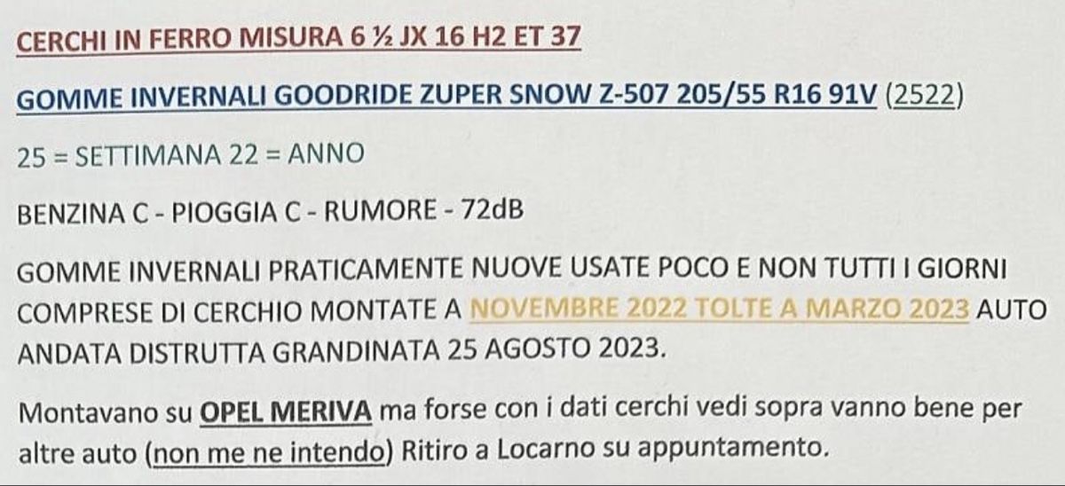 Pneumatici & Ruote complete: Ruote invernali Opel Meriva – Usato da Giumaglio venduto da Fabio_Tu21 2