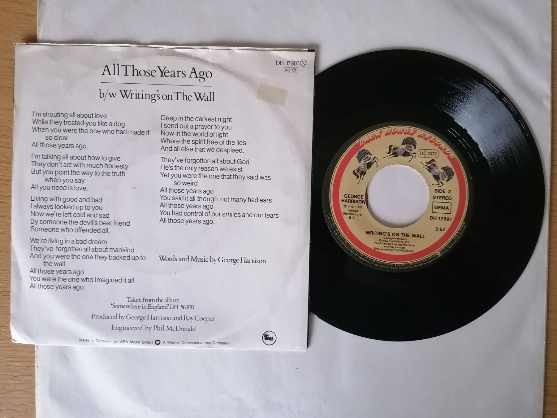 Dischi in vinile: George Harrison - All Those Years Ago Single Schallplatte – Usato da Beinwil am See venduto da Funkthesizer 1
