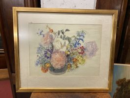 Aquarelle encadrée bouquet de fleurs signé - parfait état