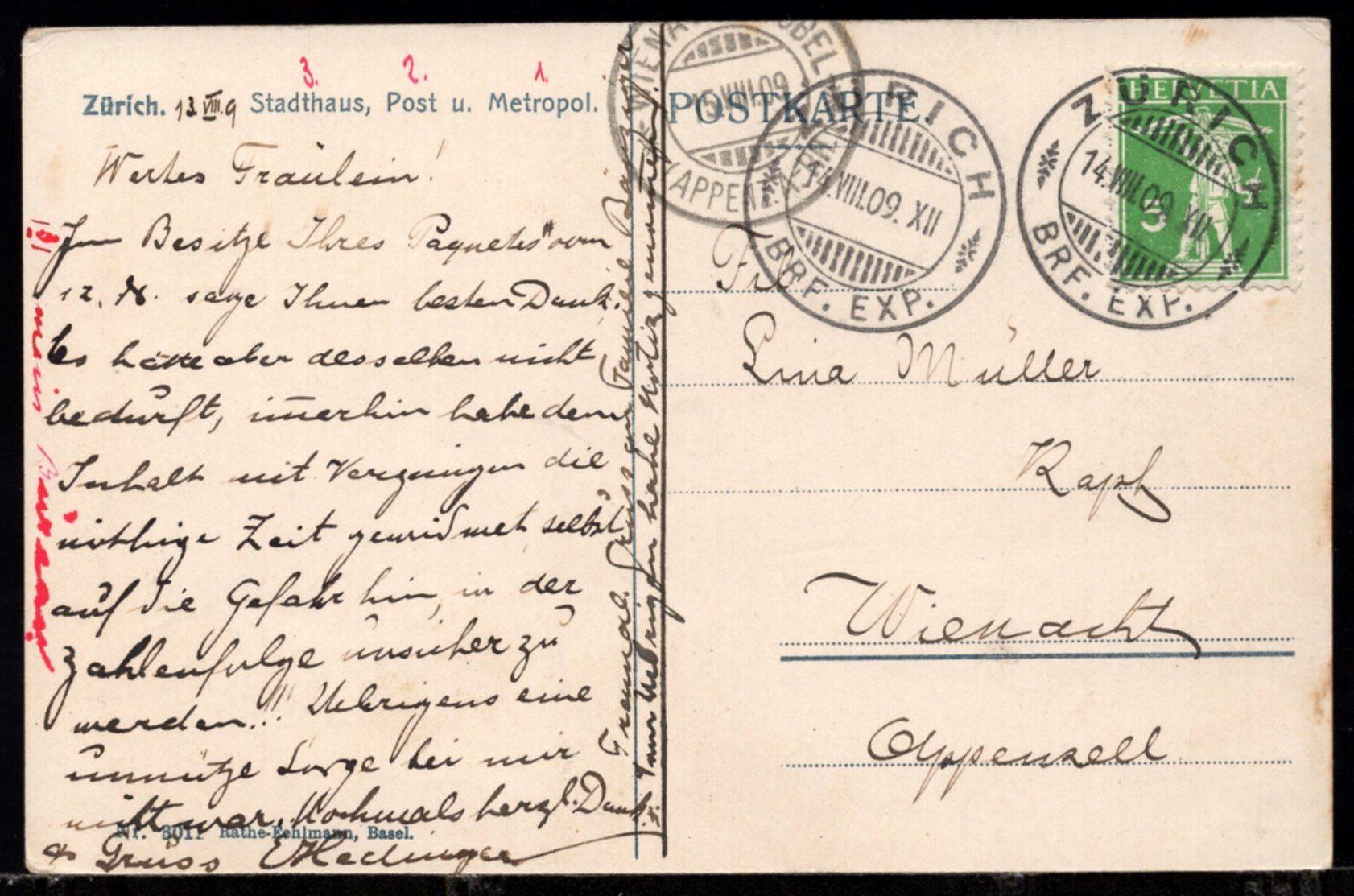 Ansichtskarten: Zürich  Stadthaus   Post  Metropol,   1909 – Gebraucht aus Aarau von kufi44 1