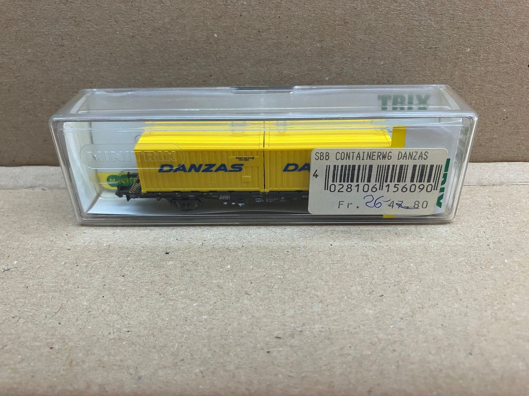 Trix Modellini di ferrovie: Minitrix 15609 2-achsiger Containertragwg. "DANZAS" DB/SBB – Nuovo (secondo la descrizione) da Neuendorf venduto da sitek071