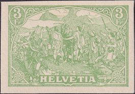 1908, Rütli-Marke, Alternativ-Probe Benziger, 3Fr. (h'grün)