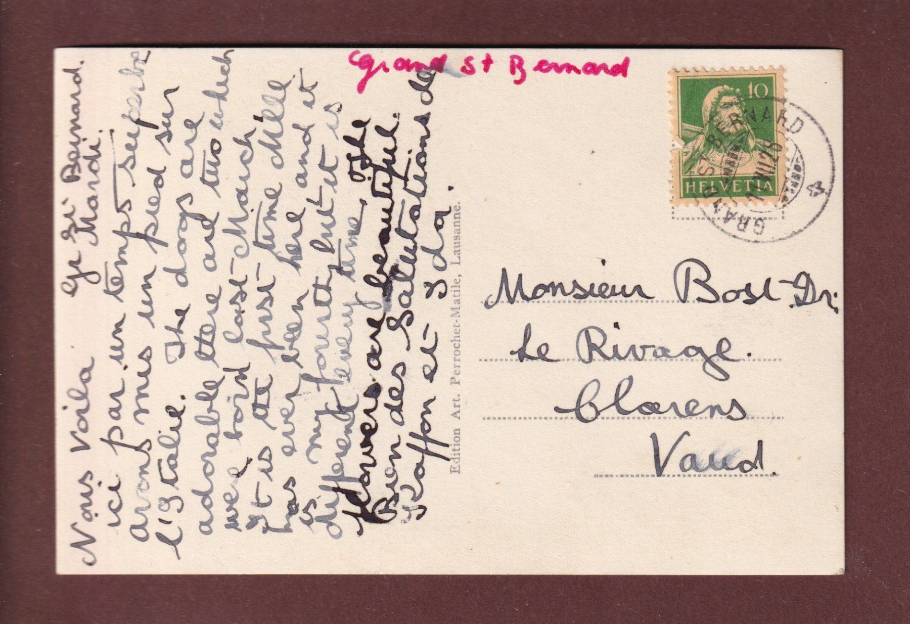 Cartoline postali: Col du GRAND-SAINT-BERNARD - 1928 – Usato da Pully venduto da nicecards 1