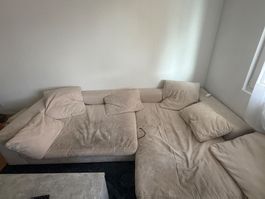 Ecksofa beige Stoff mit Kissen guter Zustand