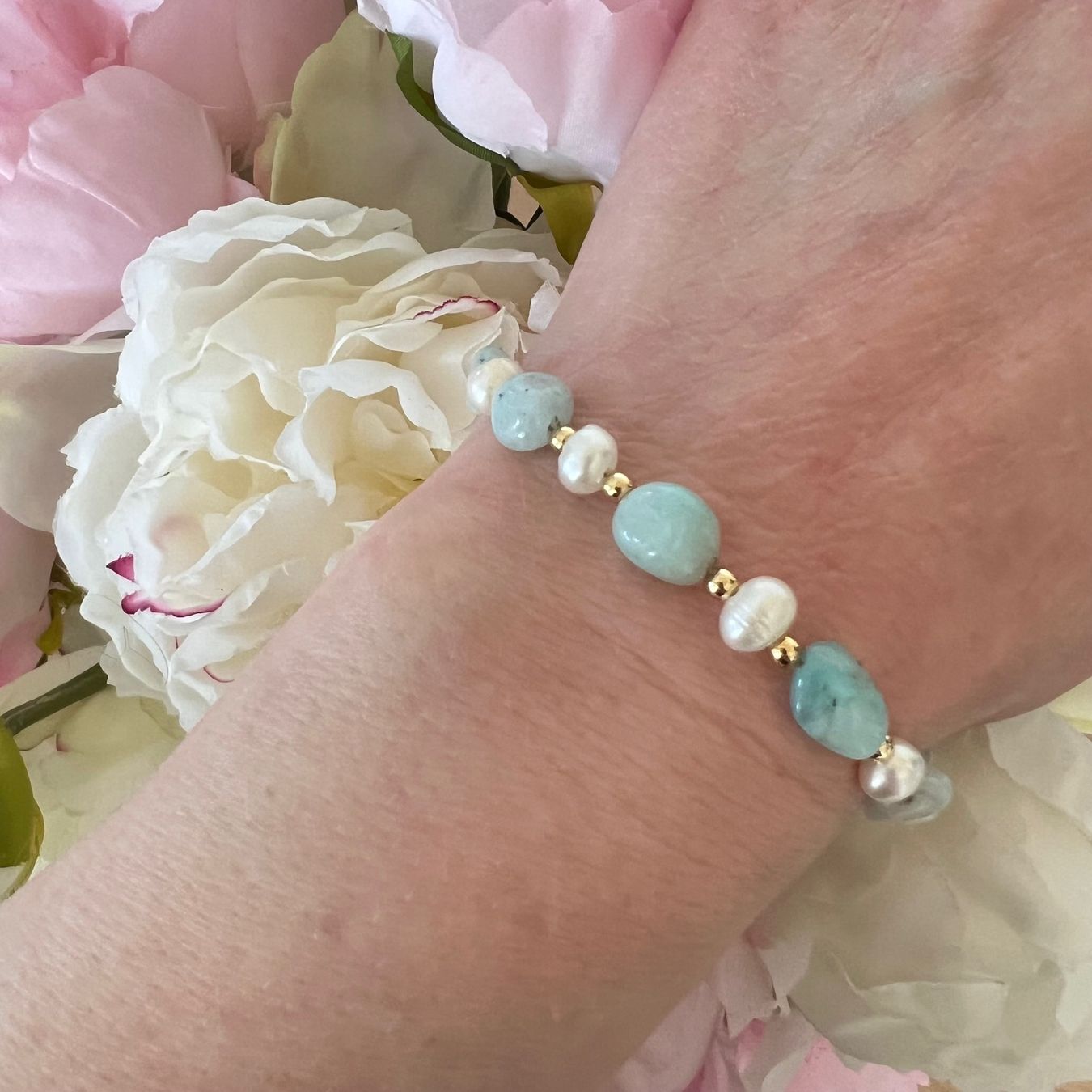 Bracciali & Braccialetti: Bracelet en amazonite et perles de culture – Nuovo e nell'imballaggio originale da Pully venduto da sunaddict 1