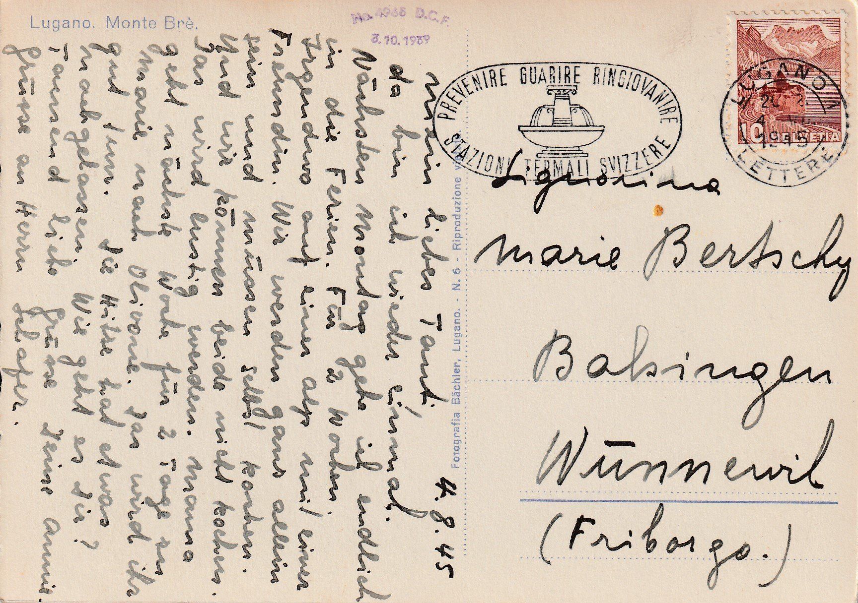 Cartoline postali: AK Lugano gel. 4.8.1945 – Usato da Fribourg venduto da schnalla92 1