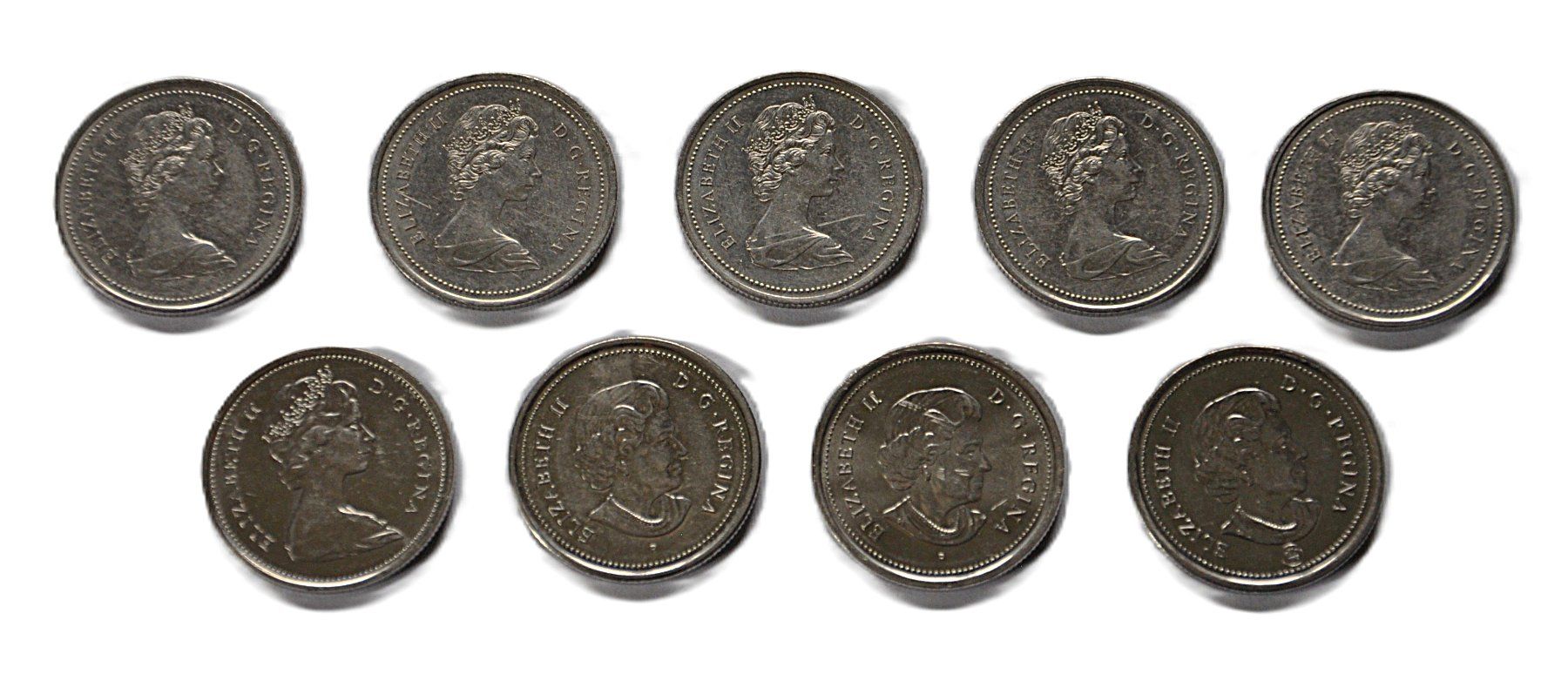 Alle Münzen: 9 x 25 Cents Canada – Gebraucht aus Grabs von Fadenquarz 1