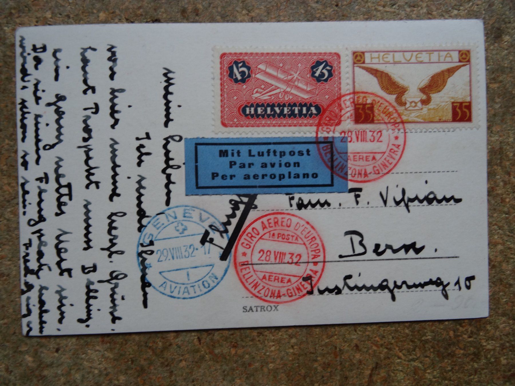 Cartoline postali: alte Flugpost-Ansichtskarte gestempelt 28.8.1932 – Usato da Lupfig venduto da Buerkli20 1