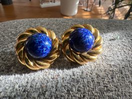 Vintage Ohrclips goldfarben mit blauer Kugel von Ciner