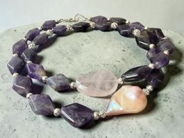 Unikat 💎 Neue Amethyst Halskette, Rosenquarz Barockperle