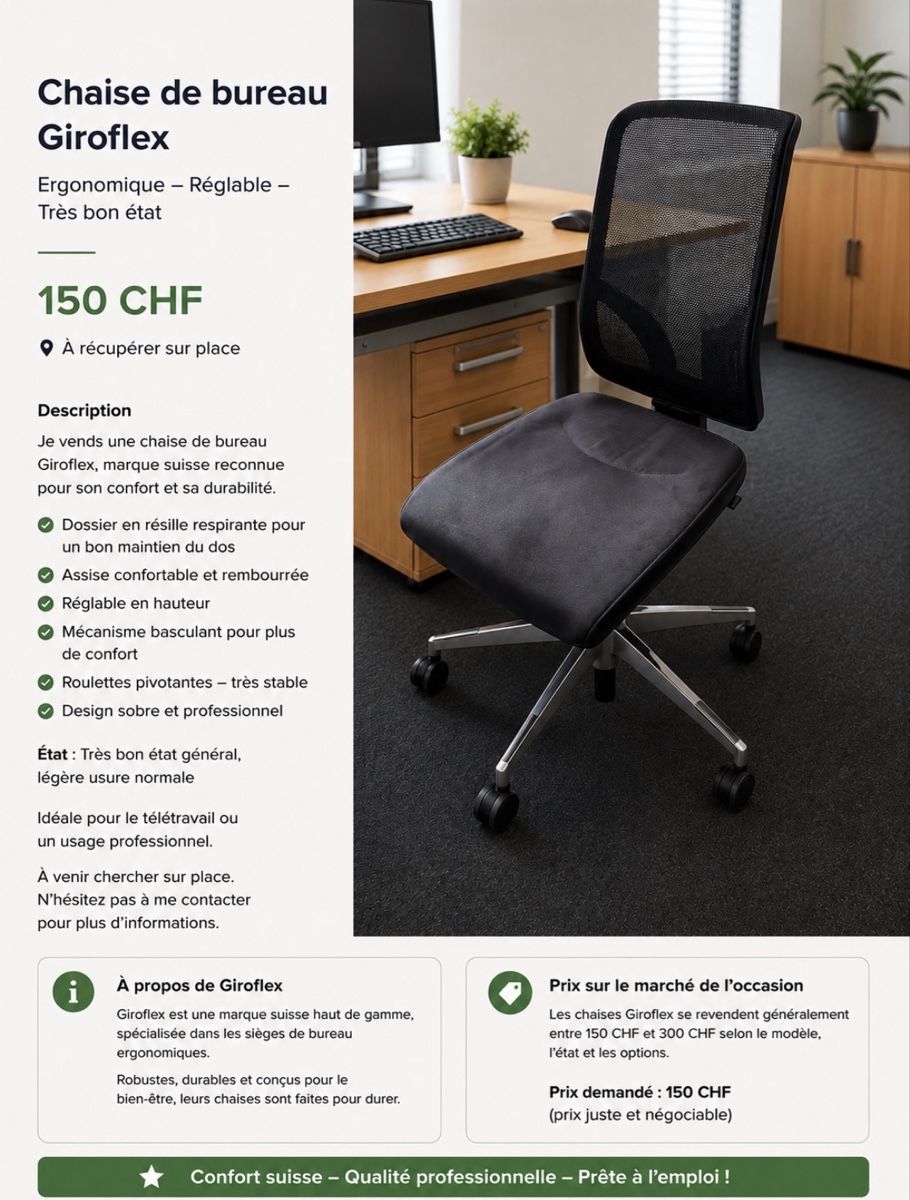 Giroflex Sedie: Chaise de bureau Giroflex – Usato da Dombresson venduto da fre_6h8x