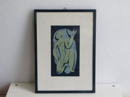 Originalbild: Holzschnitt "Mann mit Vogel" signiert, gerahmt