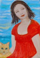 Frauenbildnis Frauenportrait Frau in Rot mit Katze Ölbild