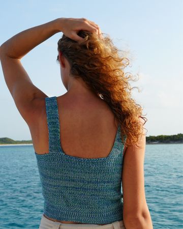 Hand knitted summer top, blue & green mix, size S, great con
