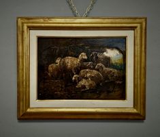 Antikes Schafstall-Ölbild Italien, signiert, goldgerahmt