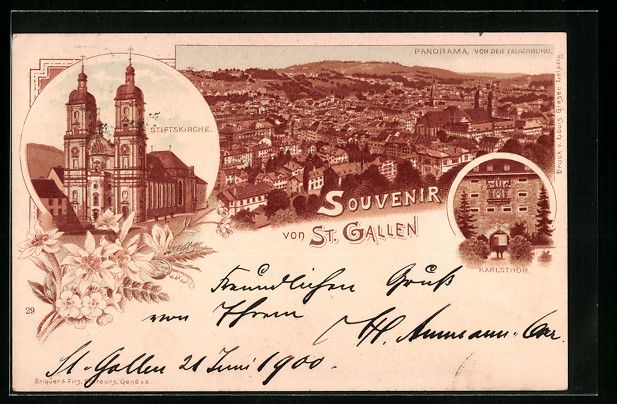 Cartoline postali: Litho St. Gallen, Panorama von der Falke – Usato da Berlin venduto da bartko-reher