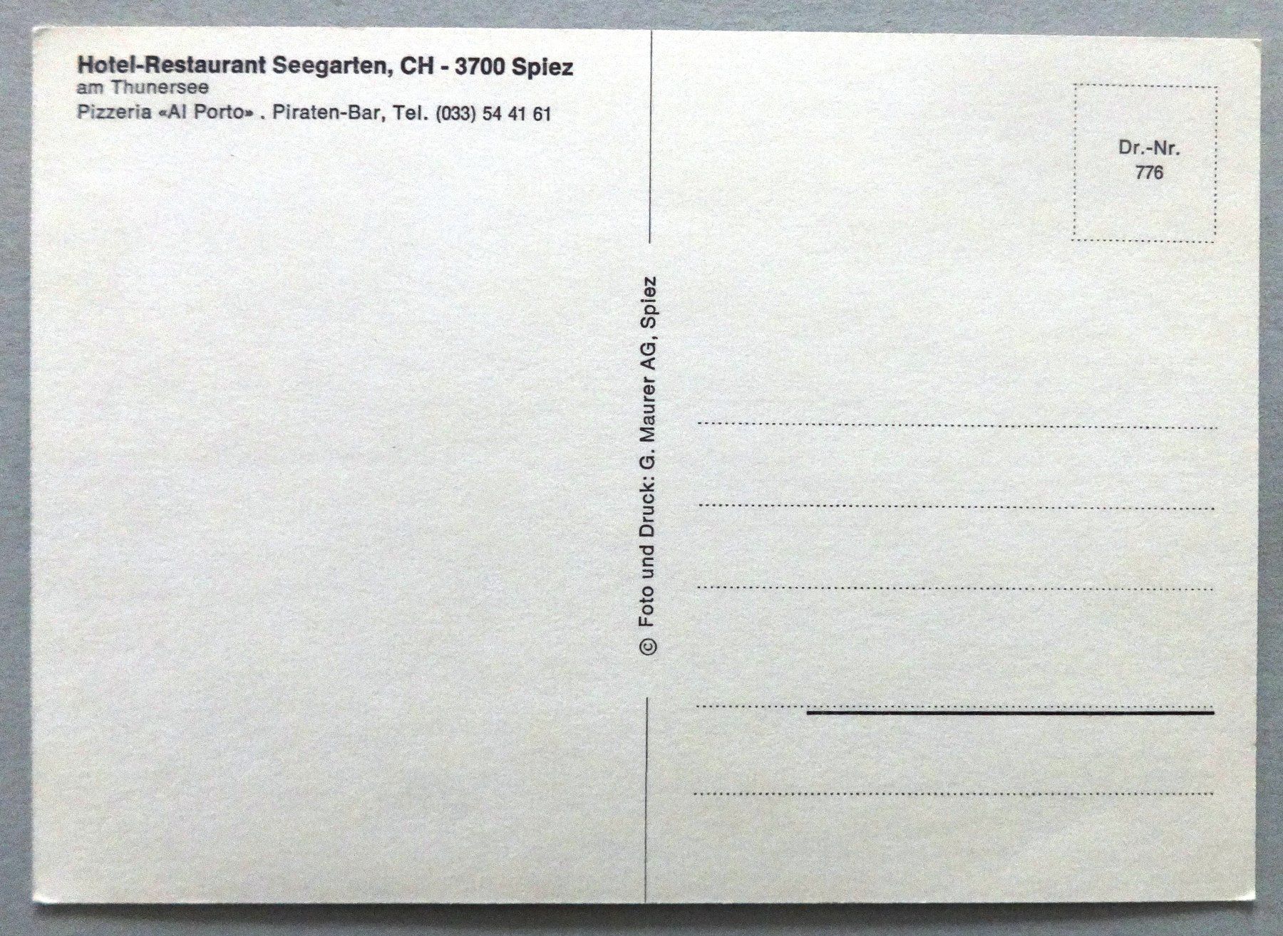 Cartoline postali: Hotel-Rest. Seegarten, Spiez am Thunersee – Usato da Fétigny venduto da Billy2miny 1