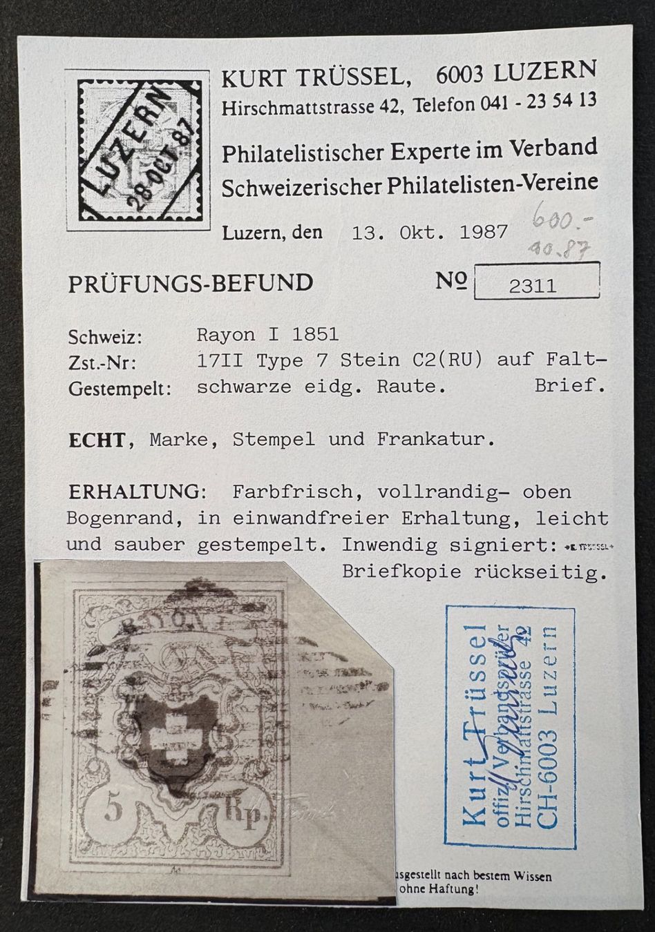 Tutti i francobolli: FALTBRIEF SCHWEIZ 1851 RAYON I MIT ATTEST – Usato da Ostermundigen venduto da Heavenmaus75 2