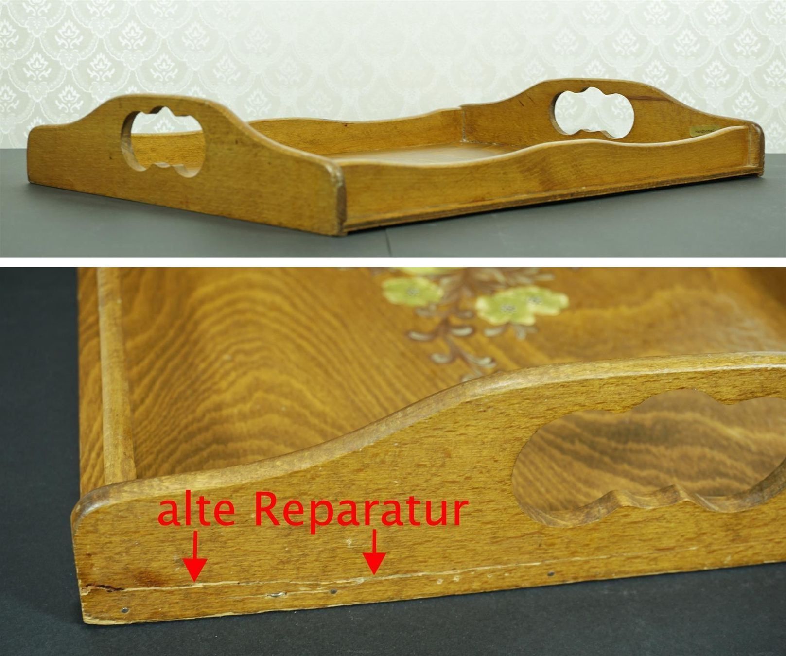 Servierplatten: Serviertablett Holz mit floraler Malerei – Gebraucht aus Meggen von Trouvaillen 6