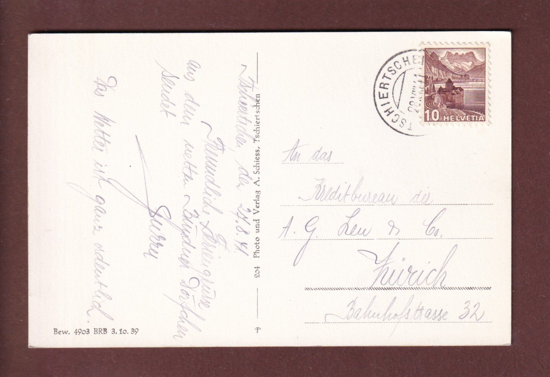Ansichtskarten: TSCHIERTSCHEN - 1941 – Gebraucht aus Pully von nicecards 1