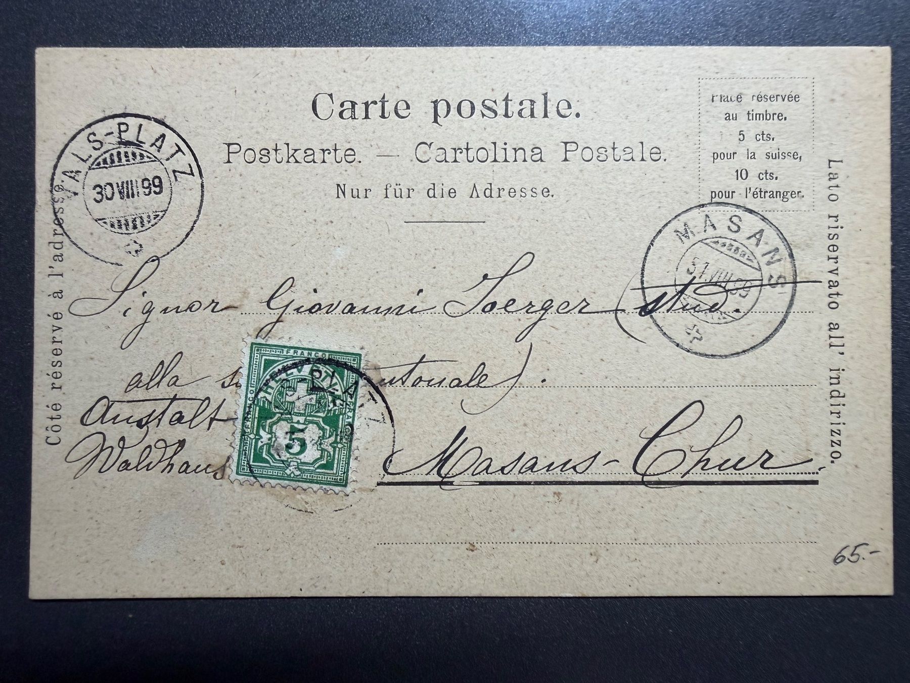 Cartoline postali: Suchard Litho AK Thun , gel. 1899 – Usato da untervaz venduto da Wingert 1