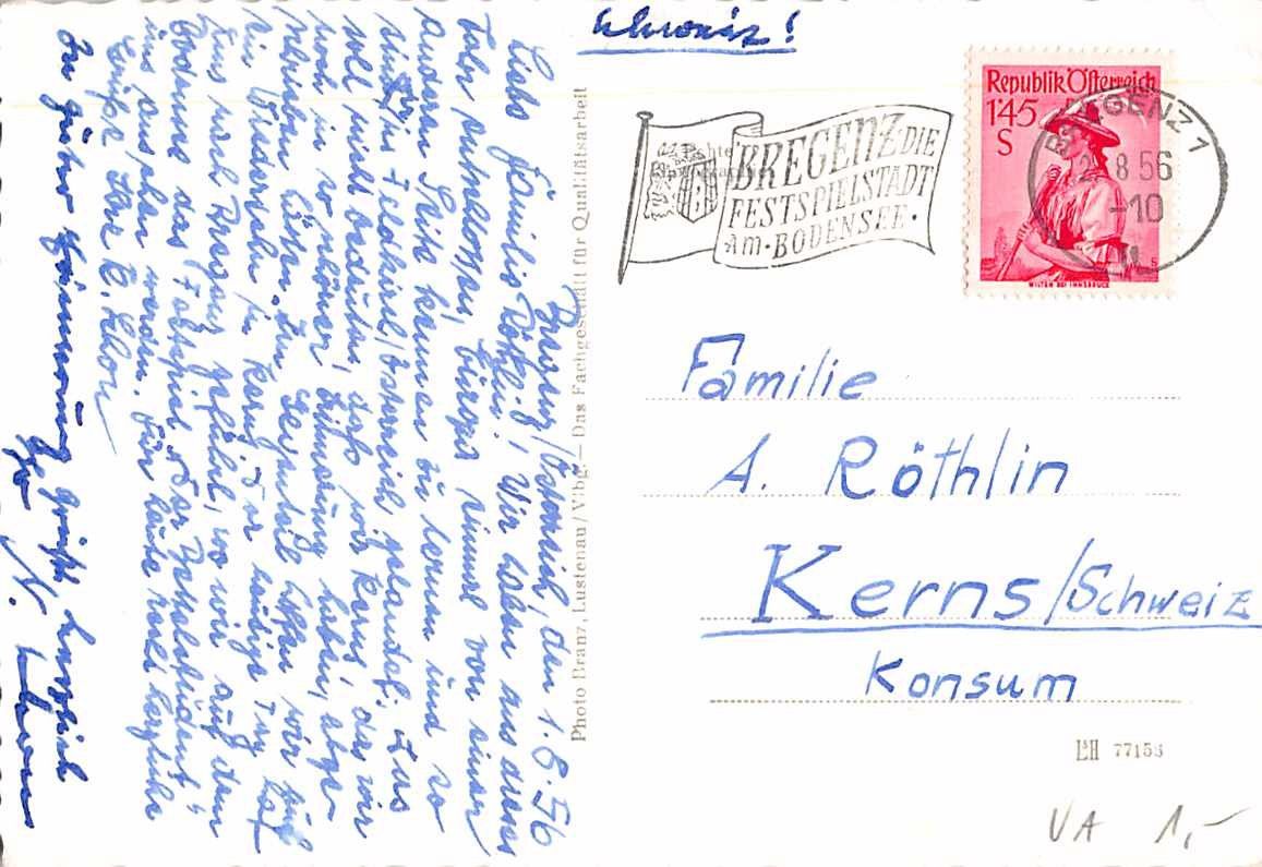 Cartoline postali: Festspielkarte 1956 BREGENZ - Der BETTELSTUDENT – Usato da Lufingen venduto da TopAnsichtskarten 1
