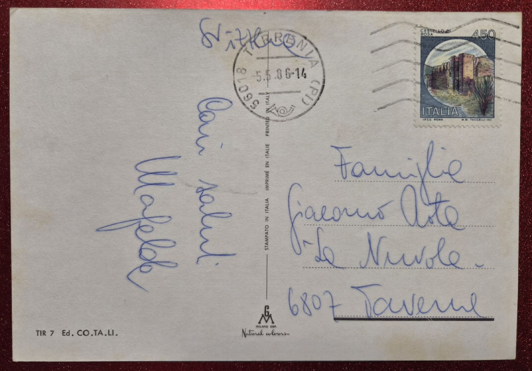 Cartoline postali: Saluti daTirrenia Italia 1986 – Usato da Melchnau venduto da Arthurius 1