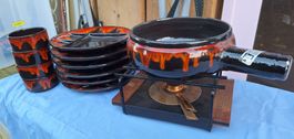 Vintage Fondue Set Burkart Keramik, 70er Vintage