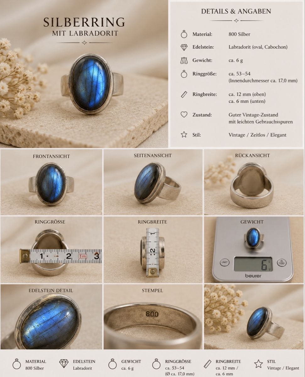 Ringe: Silberring mit Labradorit, 800 Silber, Grösse 53-54, Vintage – Gebraucht aus Brunnen von 0fi_67dj
