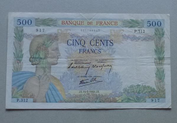 Banconote: Frankreich ++ 500.- Francs 1940 – Usato da Walkringen venduto da Casablanca777