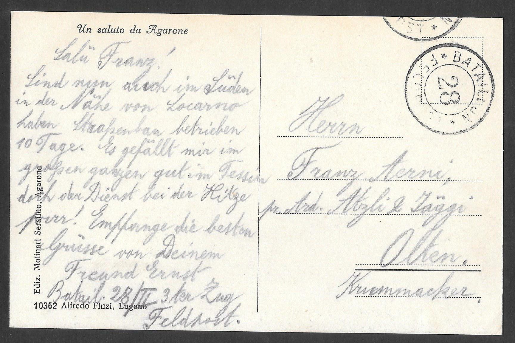 Cartoline postali: Agarone veduta generale Feldpoststempel – Usato da Olten venduto da clotaldi 1