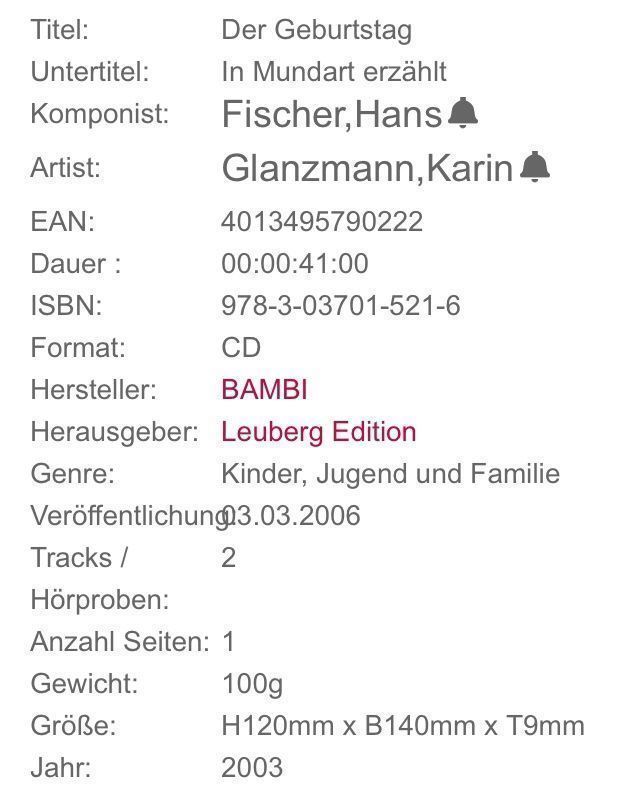 CD: CD Der Geburtstag Hans Fischer – Usato da Gerlikon venduto da jabadabadu 1