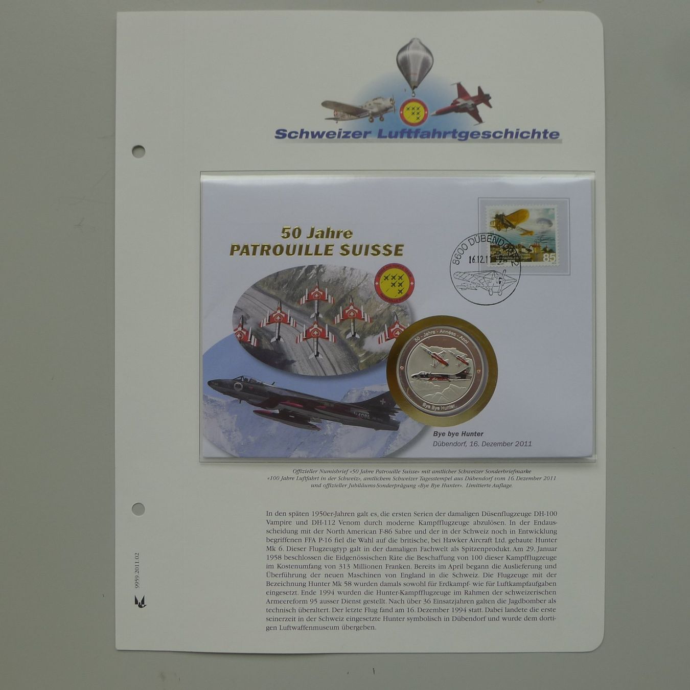 Tutti i francobolli: 2011, Numisbrief "Bye bye Hunter" 50 Jahre Patrouille Suisse – Usato da Sursee venduto da Luzernerraute 4