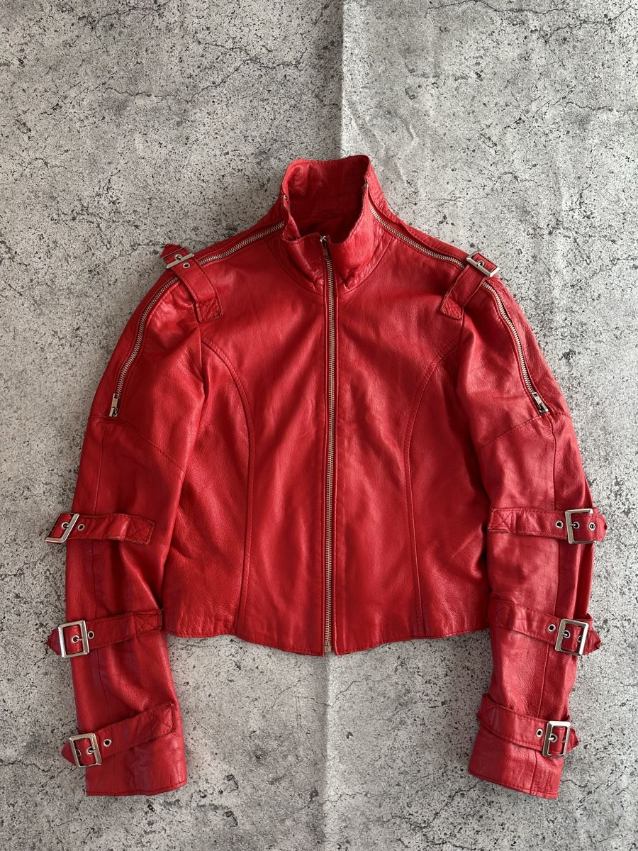 Giacche: Red Leather Biker Jacket, Italian Design - Cool Now! – Usato da Zürich venduto da megastored