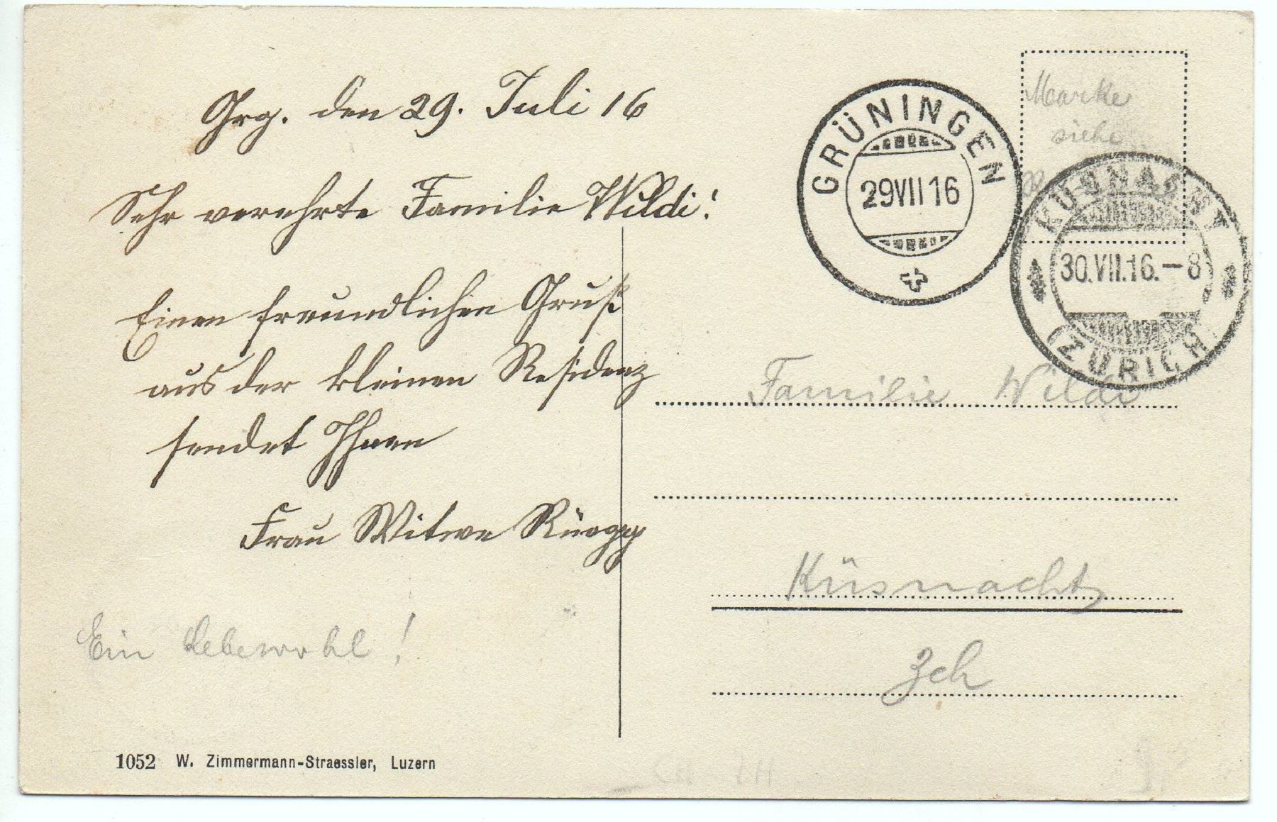 Cartoline postali: GRÜNINGEN Nr. 1052 – Usato da Jona venduto da philajona 1