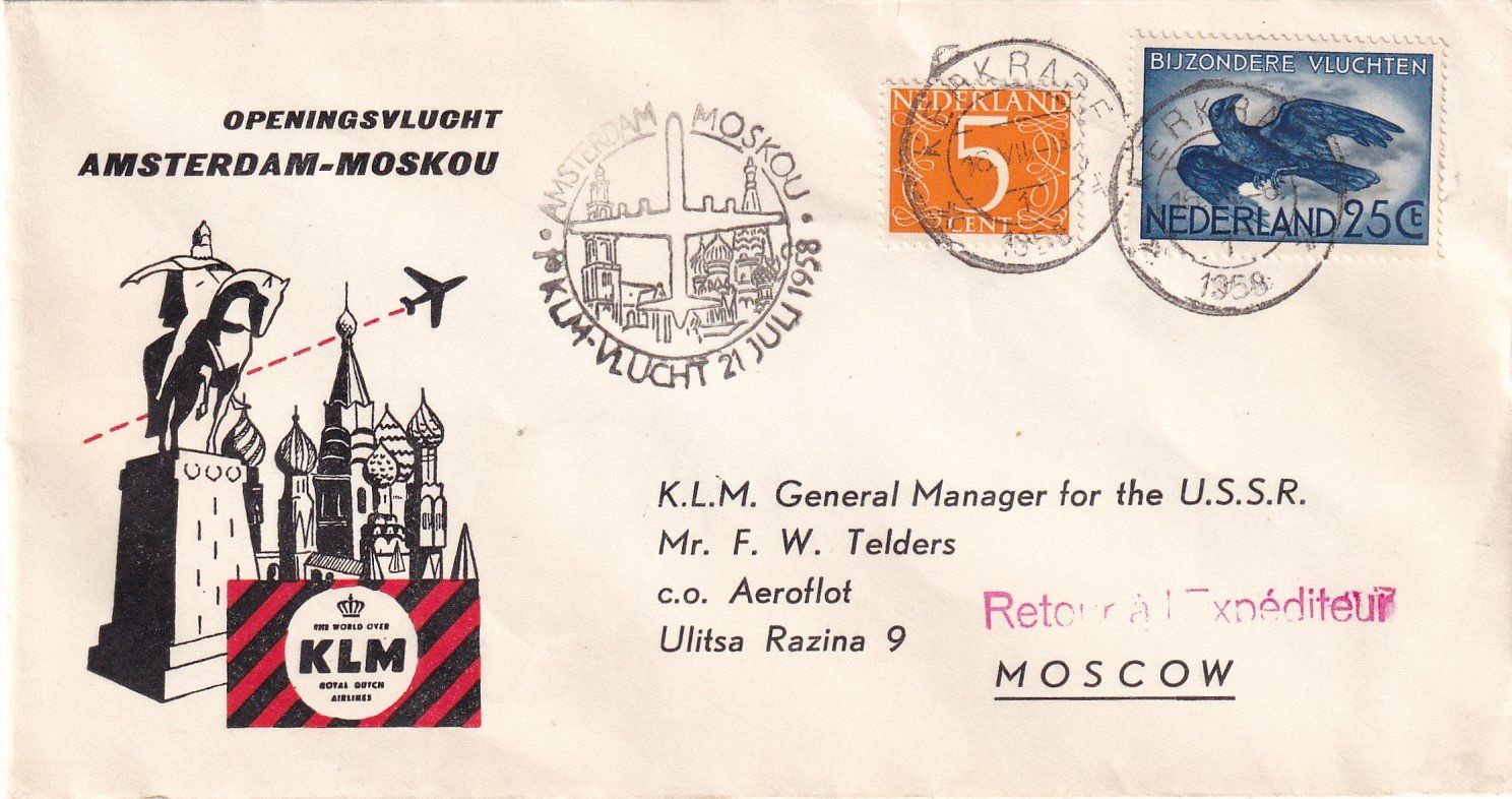 Tutti i francobolli: Erstflug KLM Amsterdam - Moskau 1958 – Usato da Baar venduto da Asmara111