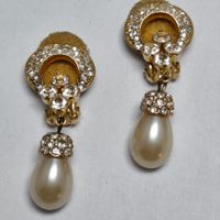 Vintage Ohrclips goldfarben mit Strass & hängenden Kunstperl