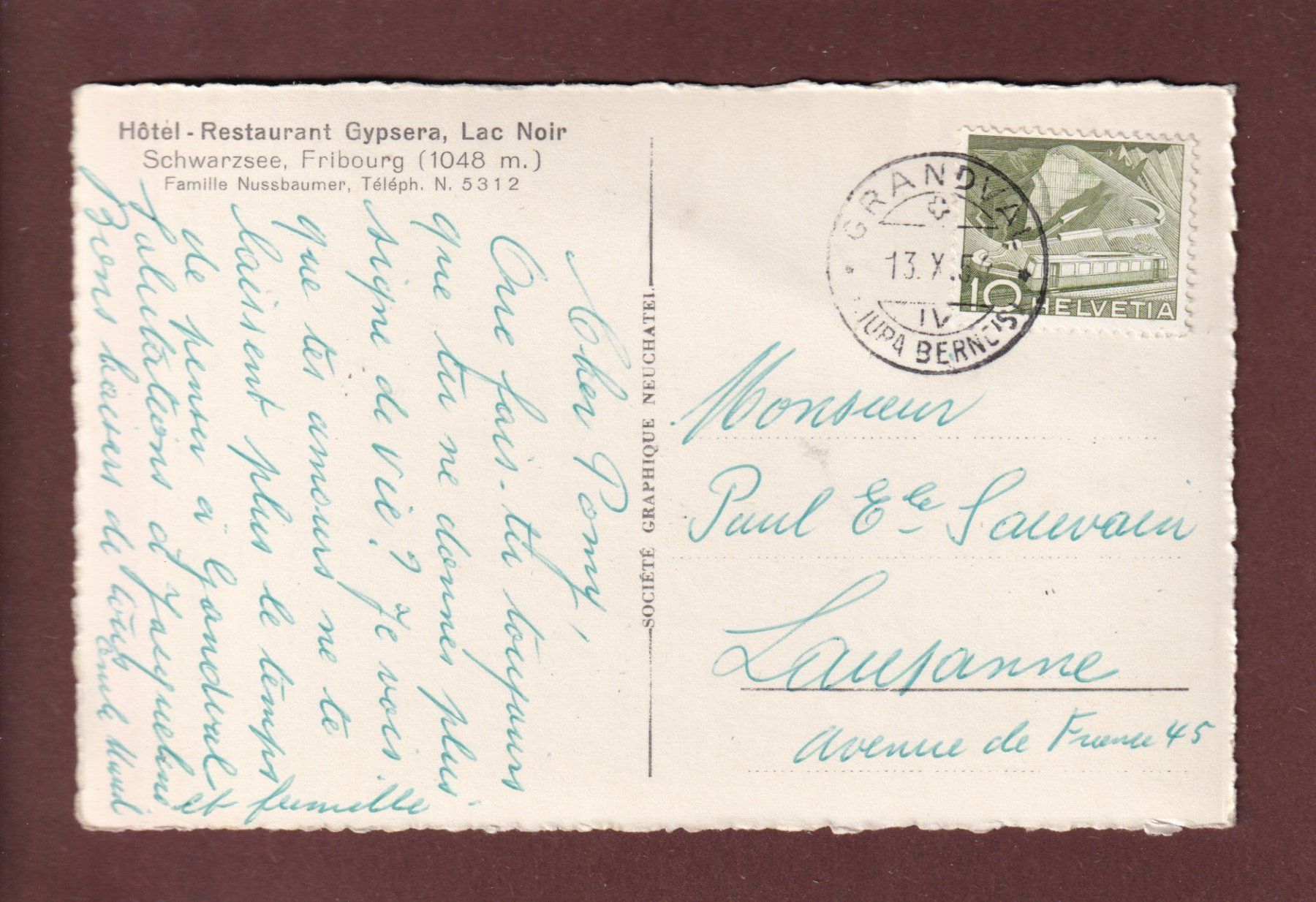 Cartoline postali: LAC NOIR / SCHWARZSEE - 1956 – Usato da Pully venduto da nicecards 1