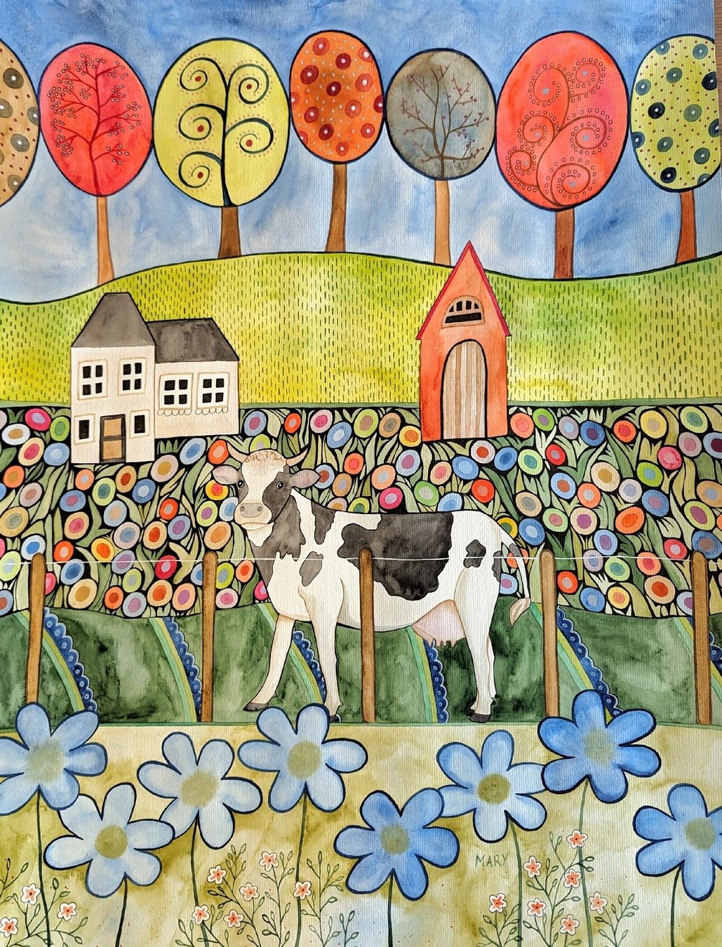 Gemälde: Original Aquarell Kuh von mir gemalt – Neu und originalverpackt aus Wittenbach von Mary.M.Boesch