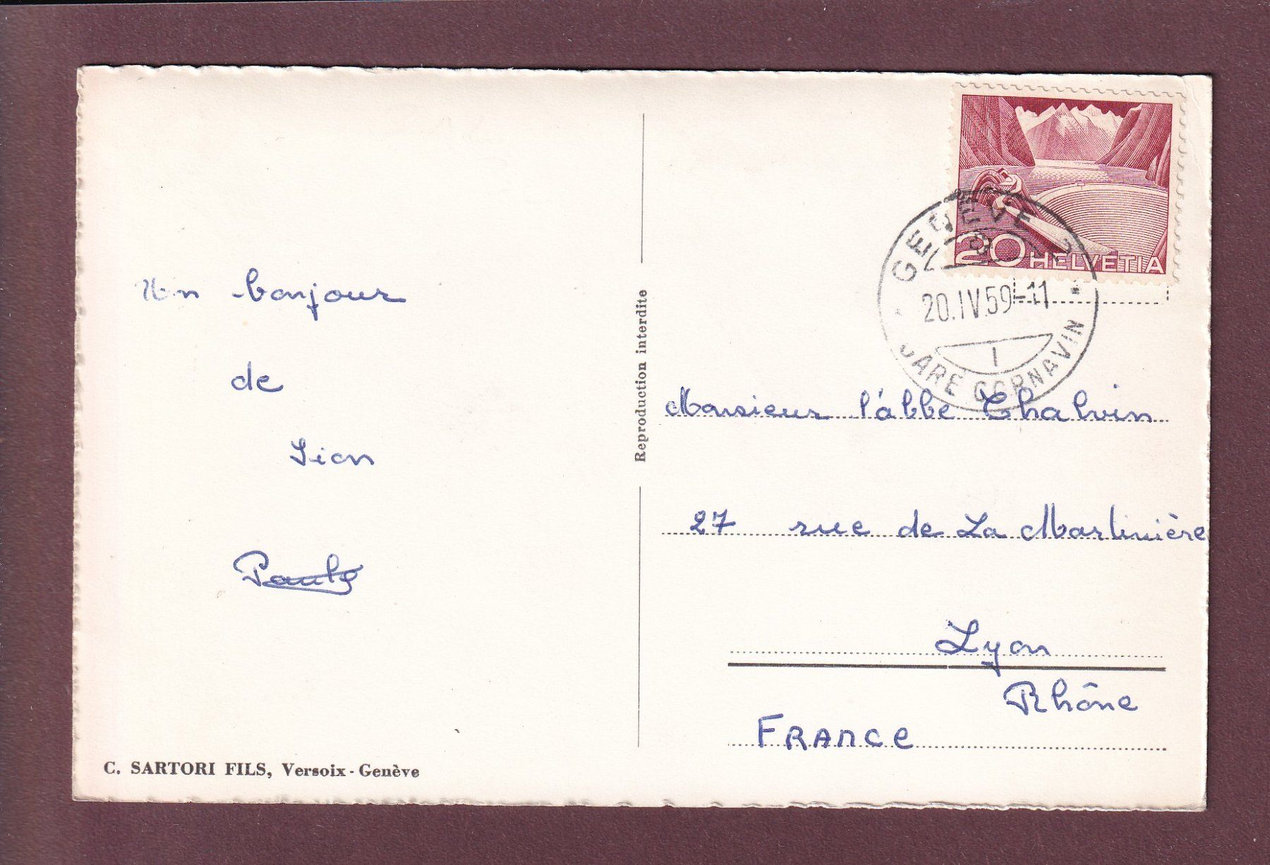 Cartoline postali: SION - Vue partielle - 1959 – Usato da Pully venduto da nicecards 1